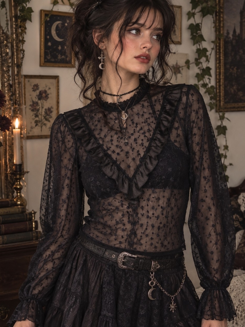 Womens Black Sheer Swiss Dot Mesh Blouse Satin Ruffle V Front Neck Long Gothic